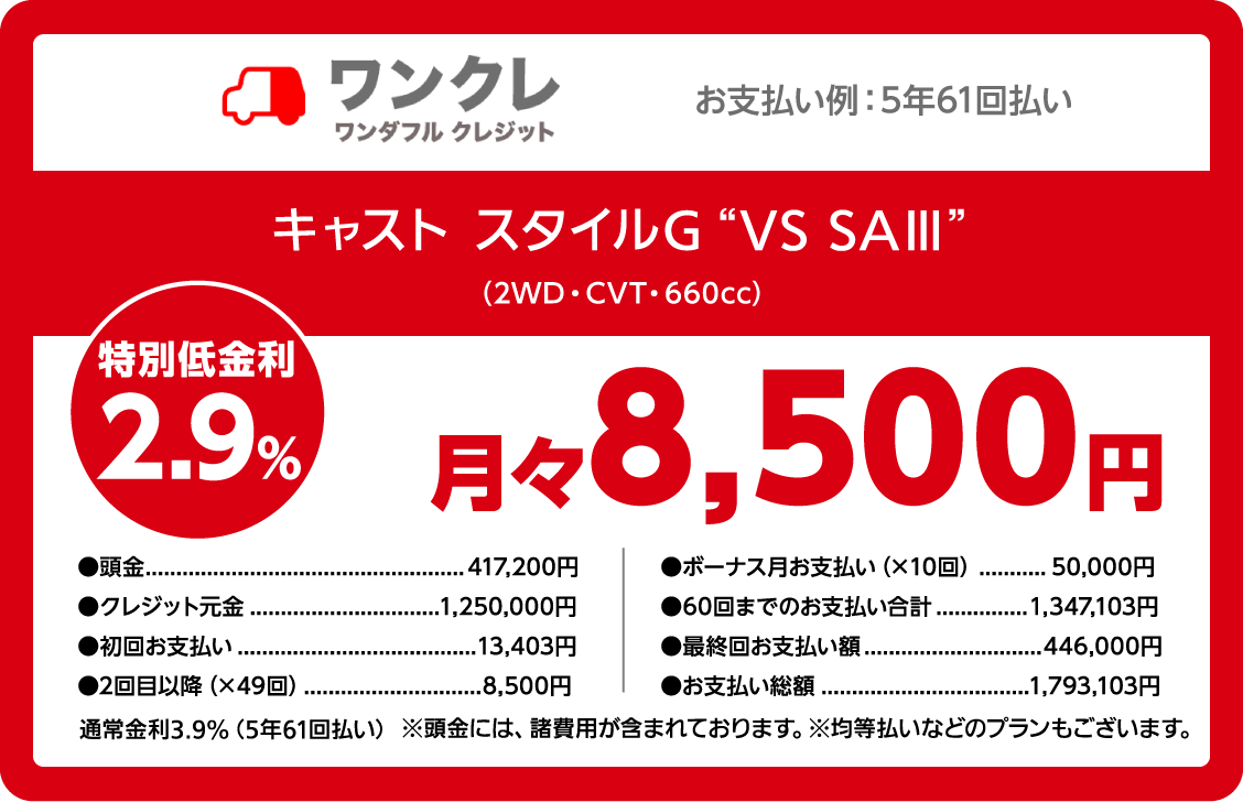 ワンクレ ワンダフルクレジット キャスト スタイルG“VS SAⅢ” (2WD・CVT・660cc) 特別低金利2.9% 月々8,500円